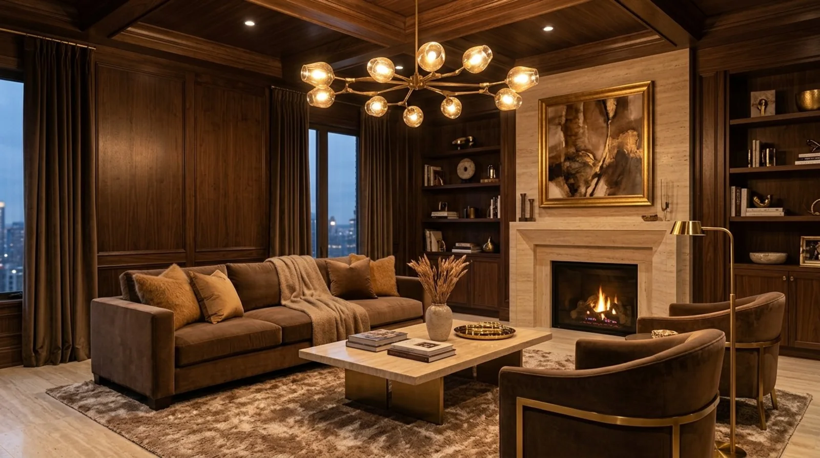 Walnut-paneled living room with an espresso velvet sofa, travertine fireplace surround, and a brass globe chandelier in layered mocha tones
