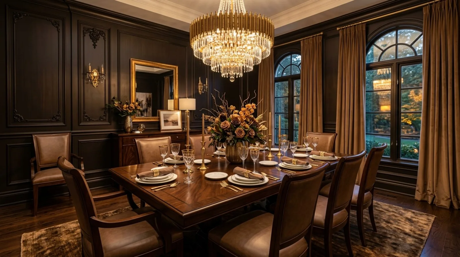 Formal dining room in deep mocha paneling with caramel leather chairs, velvet drapery, and a tiered brass and crystal chandelier