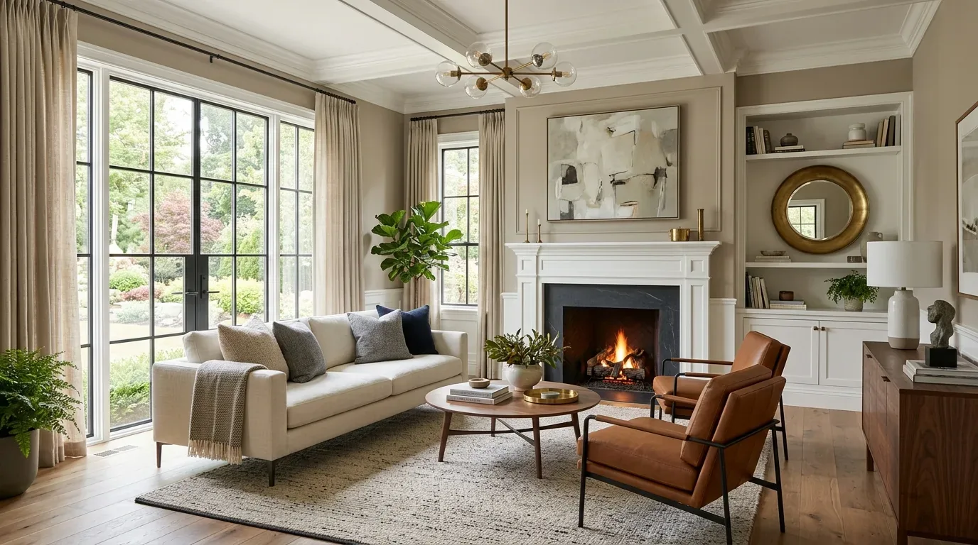 A modern living room with a white sofa, two brown leather chairs, a round wooden coffee table, a fireplace, and large windows with beige curtains