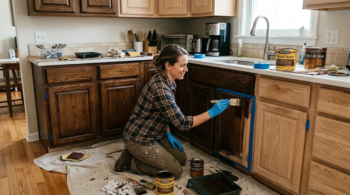 A woman is staining wooden kitchen cabinets with dark wood stain while kneeling on a drop cloth