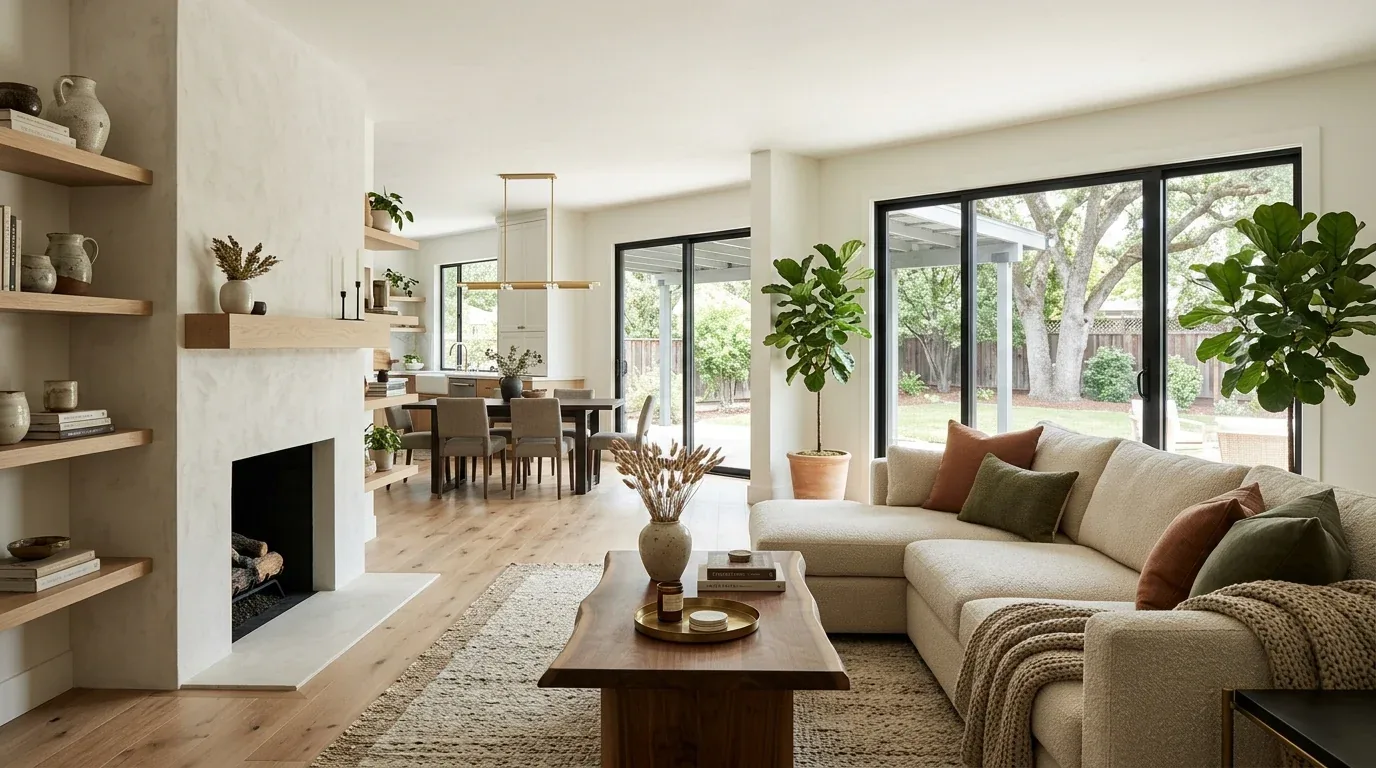A bright and airy living room with a large sectional sofa, wooden coffee table, fireplace, and dining area in the background