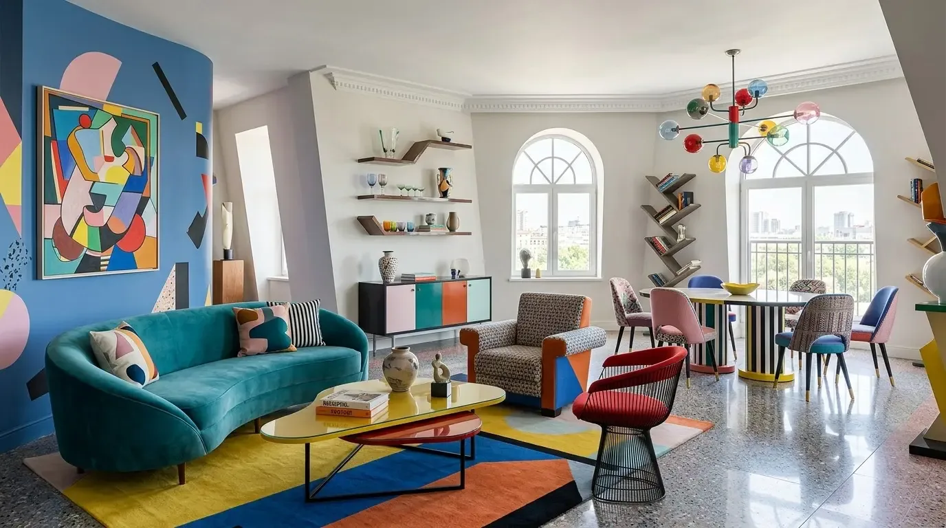 A colorful and modern living and dining room with a teal curved sofa, geometric patterned rug, multicolored chairs, and a vibrant chandelier
