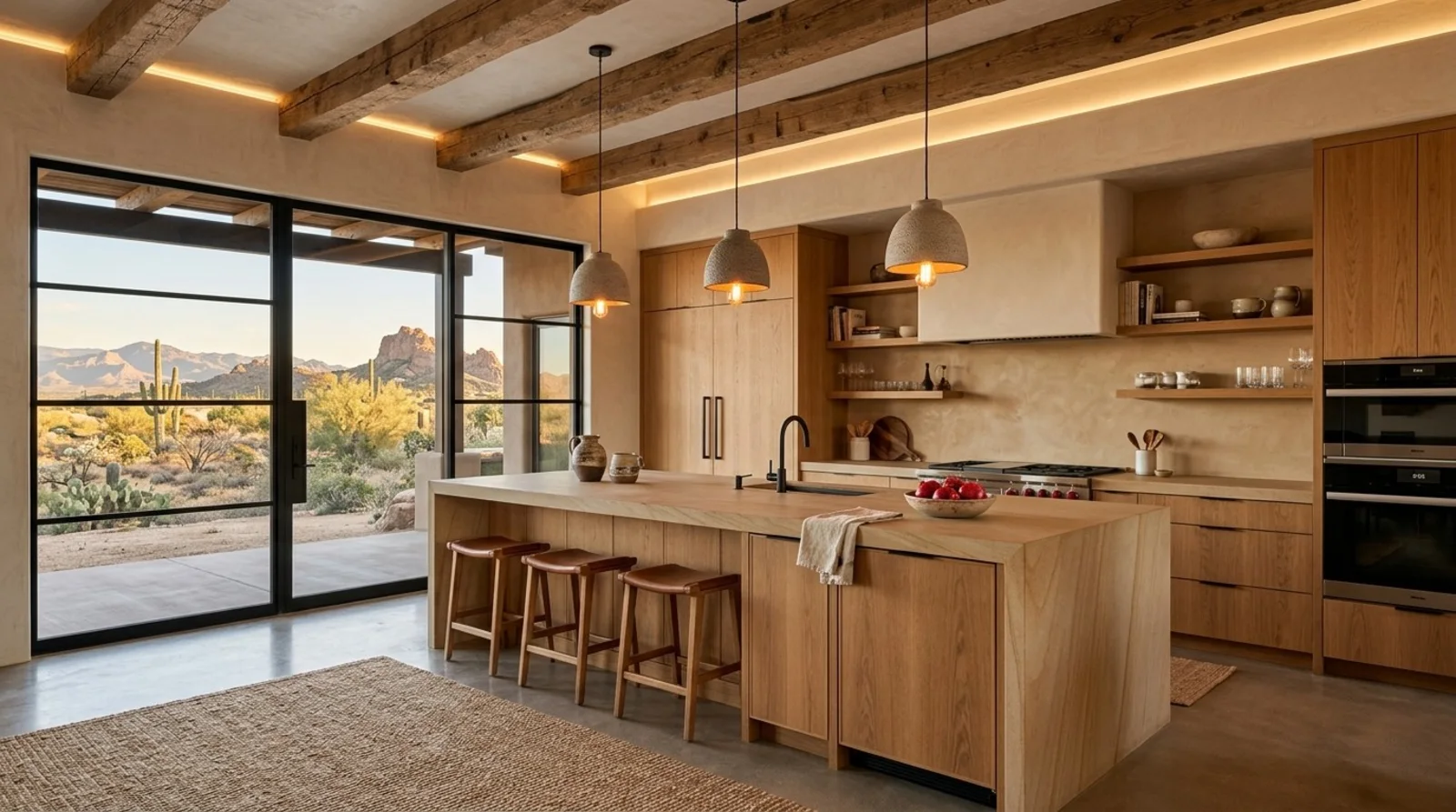 A spacious kitchen with wooden cabinetry, a large marble island with seating, and modern appliances
