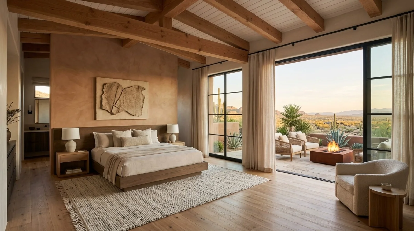 A spacious bedroom with wooden beams, neutral tones, large windows opening to an outdoor seating area with desert
