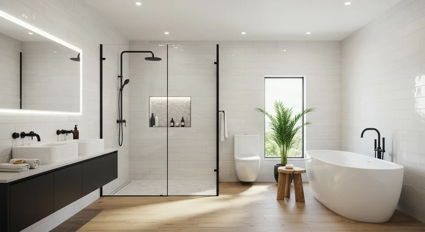 A modern bathroom with a double sink vanity, walk-in shower with black fixtures, freestanding bathtub, toilet, and a large window with a potted plant