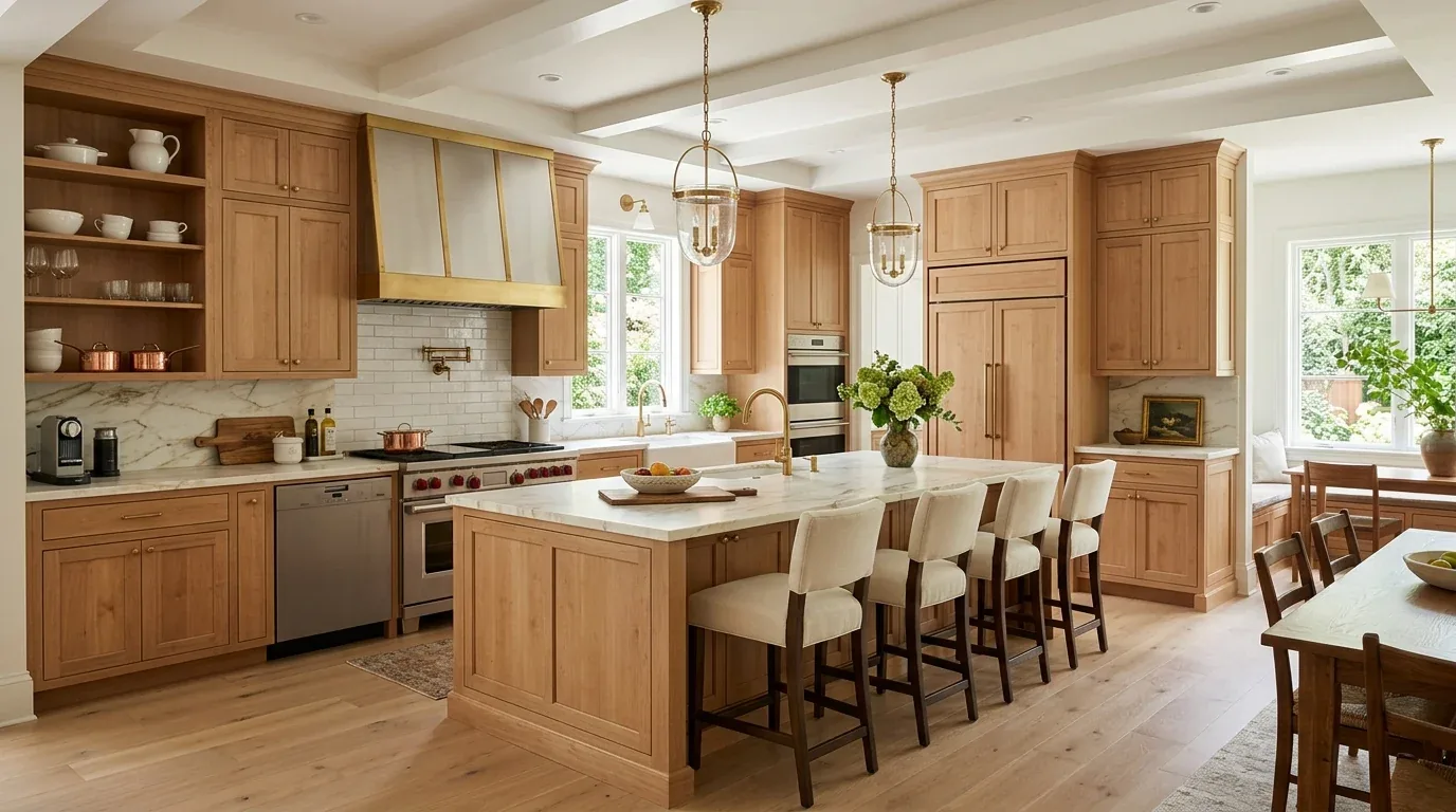 A spacious kitchen with light wood cabinetry, a large marble island with seating, and modern brass fixtures