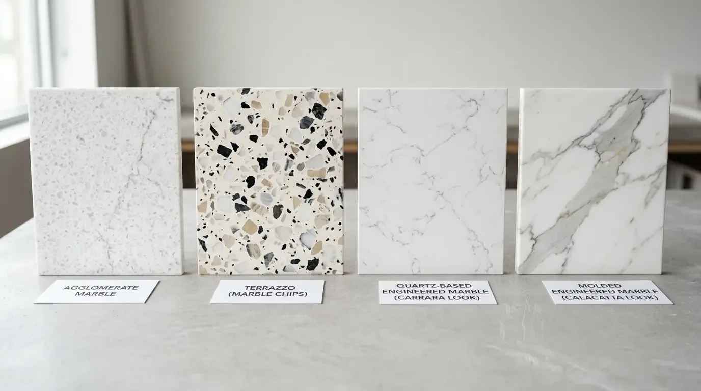 Four samples of different types of marble and engineered marble displayed on a countertop with labels