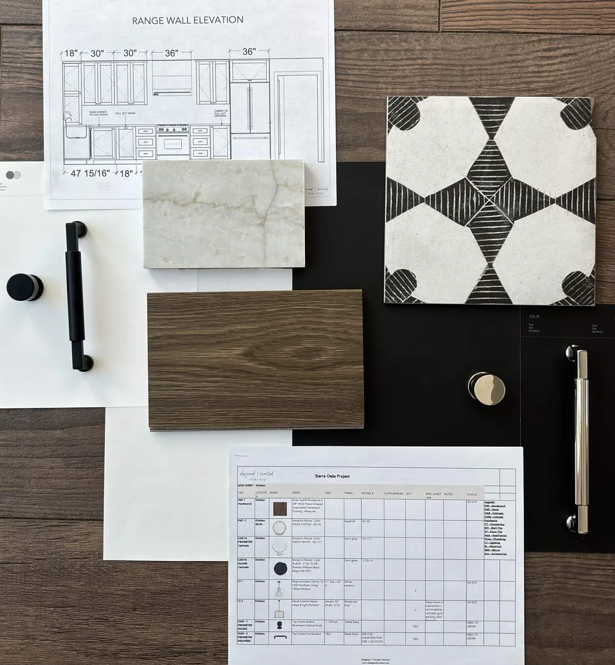 A kitchen design mood board featuring cabinetry samples, tile samples, hardware, and a kitchen elevation blueprint