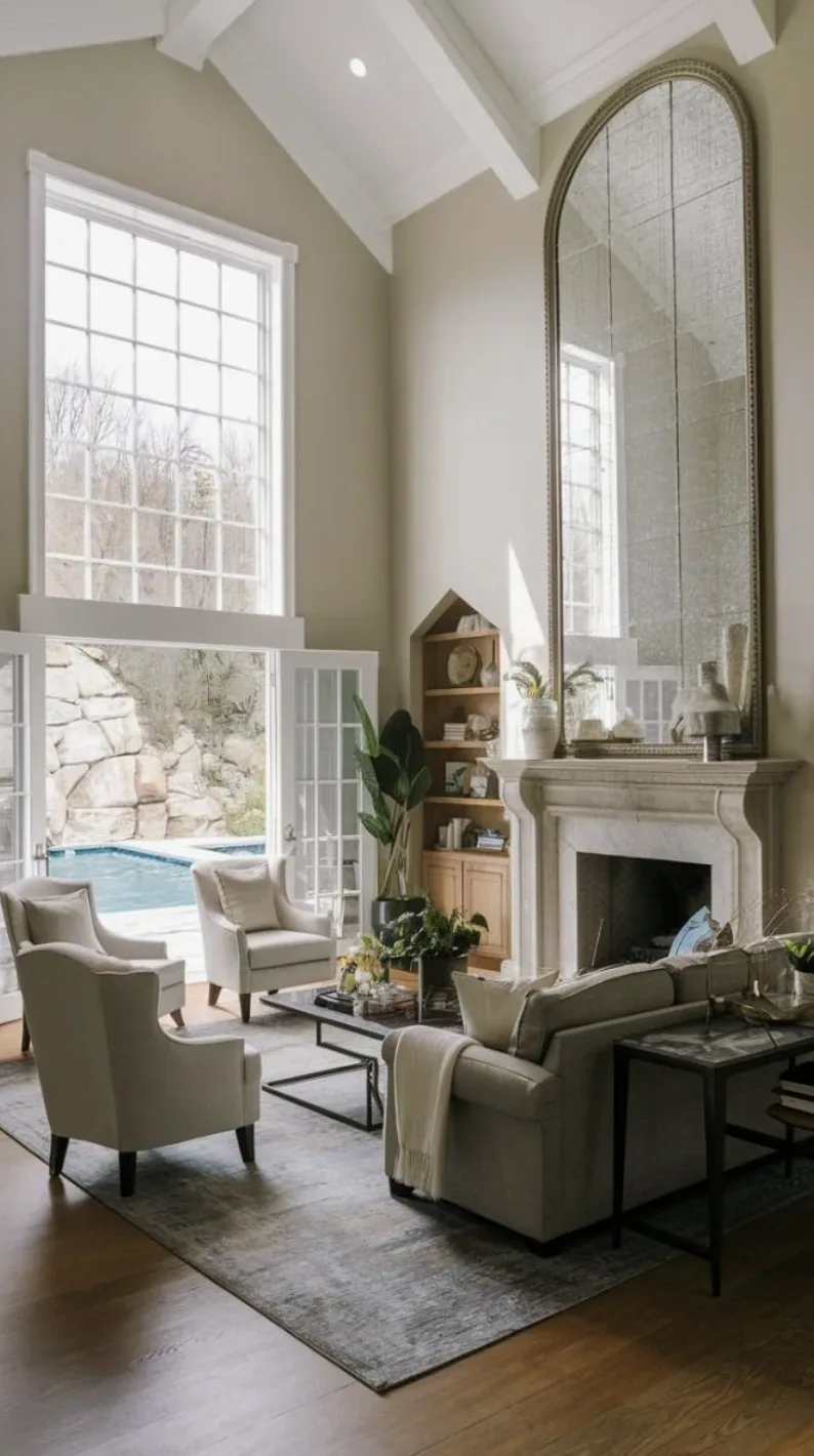 A bright living room with high ceilings, large windows, a fireplace, neutral-toned furniture, and a view of an outdoor pool area