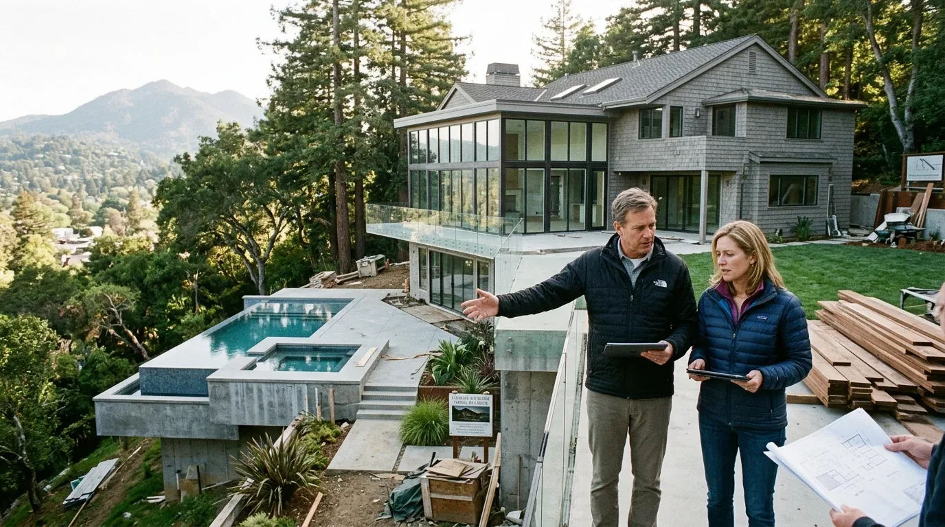 Two people discussing plans outside a modern house under construction with a pool and mountain view
