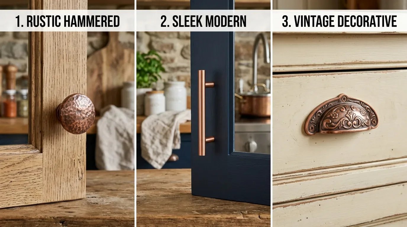 Three close-up images of different kitchen cabinet handles showcasing rustic hammered, sleek modern, and vintage decorative styles