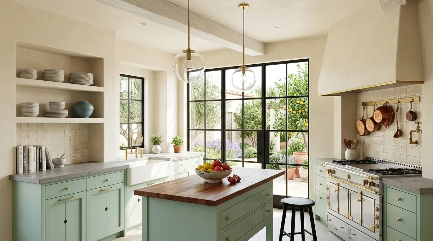 A bright kitchen with mint green cabinetry, a wooden island countertop, large black-framed windows, and copper pots hanging above a white stove