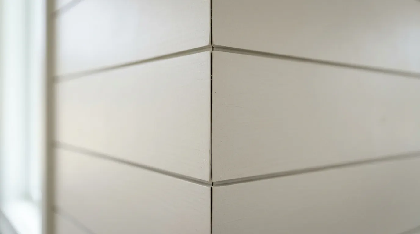 Close-up of a corner wall with horizontal shiplap paneling painted in a light neutral color