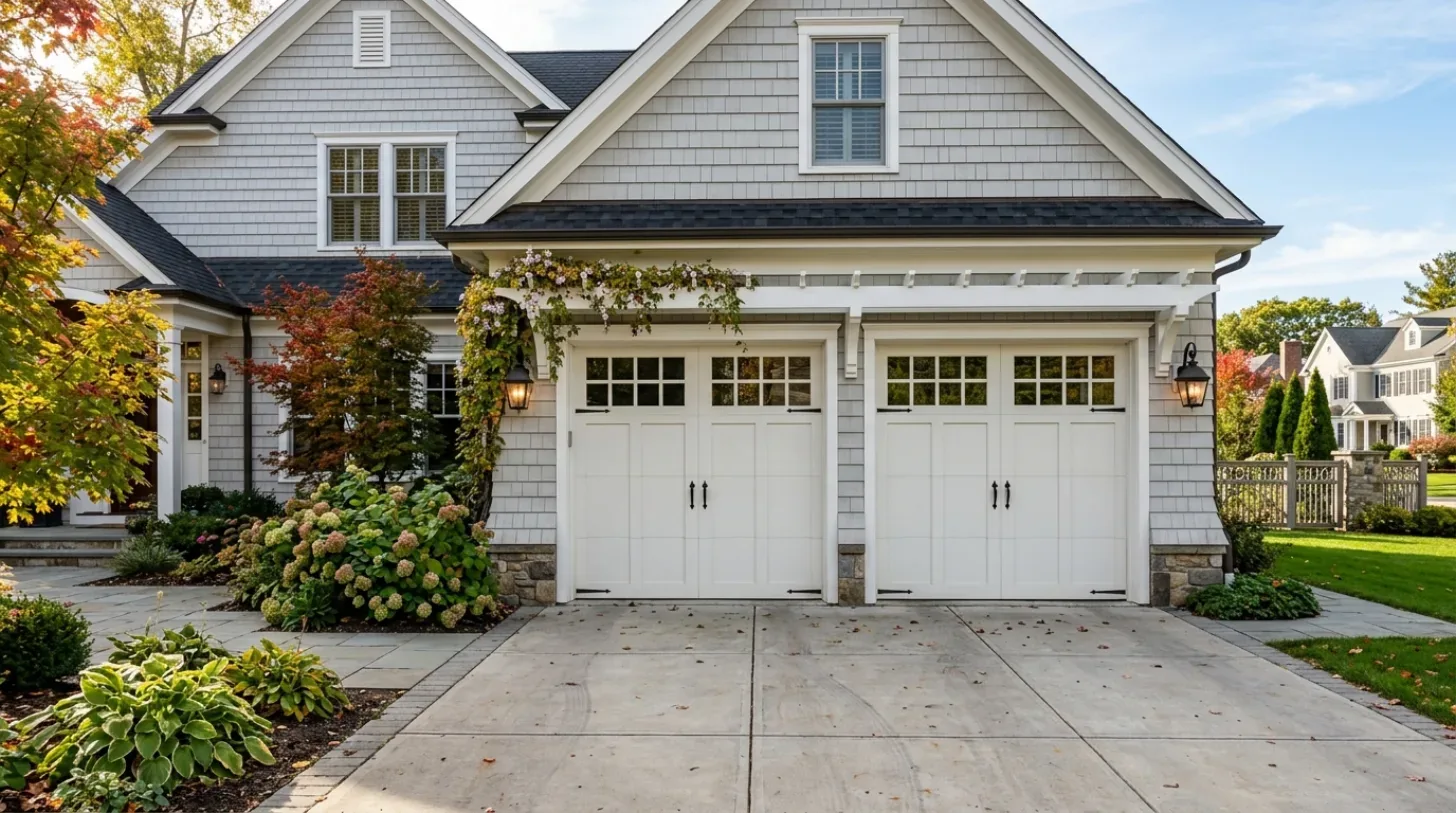 Exterior view of a traditional style house with a double garage, white doors, and landscaped front yard