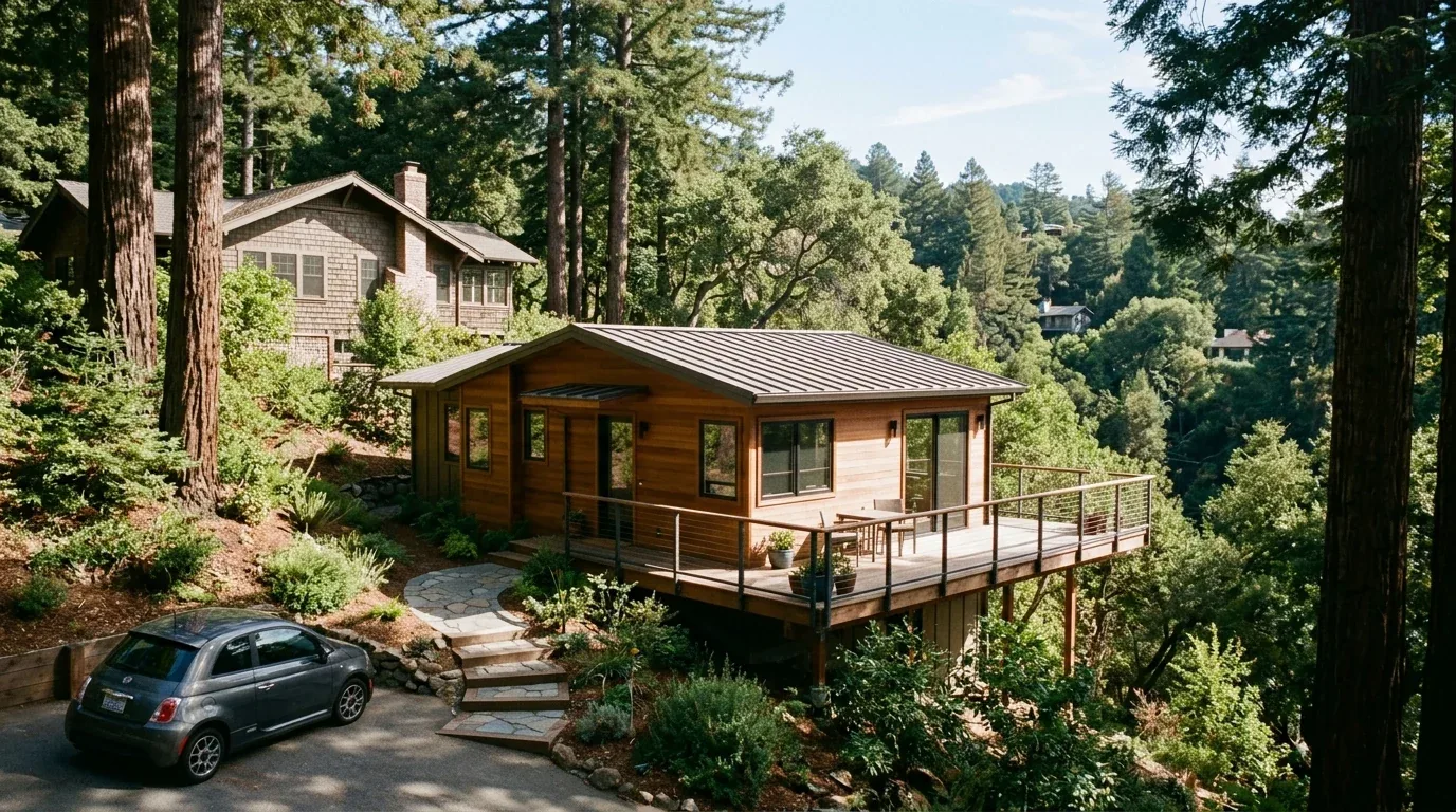 A modern wooden cabin with a metal roof and a spacious deck surrounded by lush forest and hills