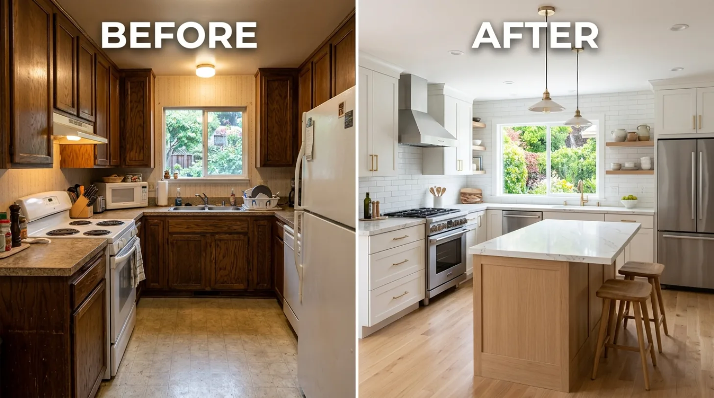 Side-by-side comparison of a kitchen before and after renovation, showing a transformation from dark wood cabinetry