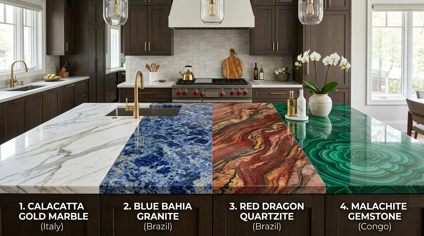 A modern kitchen showcasing a large island with four distinct countertop materials labeled with their names and origins