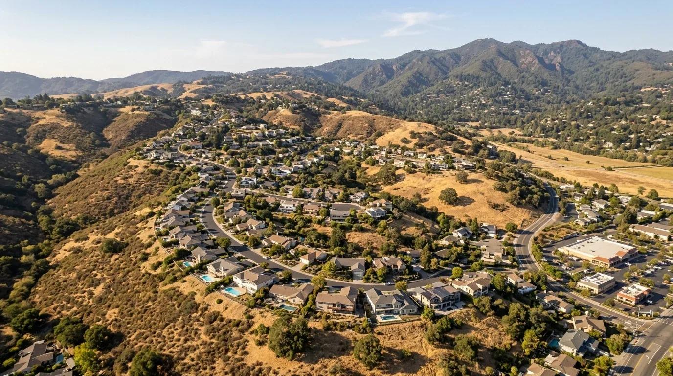 Aerial view of a suburban residential neighborhood with houses, roads, and surrounding hills