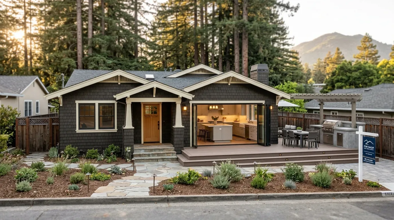Exterior view of a craftsman-style house with a landscaped front yard, open kitchen visible through large folding doors, and an outdoor dining and grill area