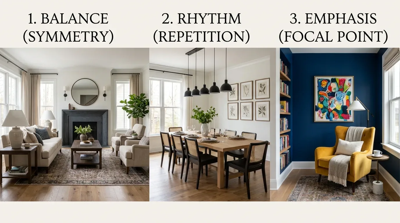 Three interior design examples illustrating balance, rhythm, and emphasis in living and dining rooms