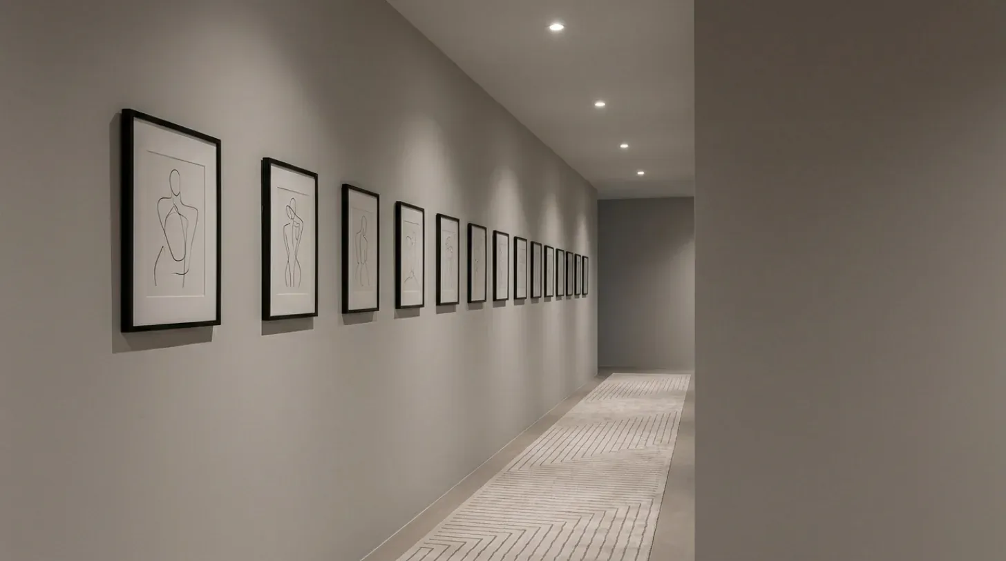 A minimalist hallway with a series of framed line art drawings on one wall and recessed ceiling lights