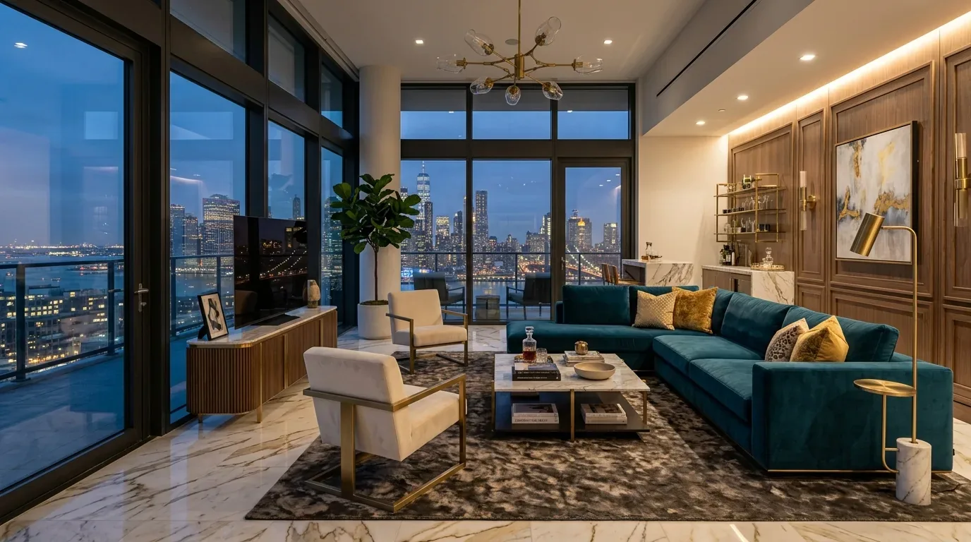 A modern living room with large floor-to-ceiling windows showcasing a city skyline at dusk, featuring a teal sectional sofa, marble coffee table, and gold-accented furniture