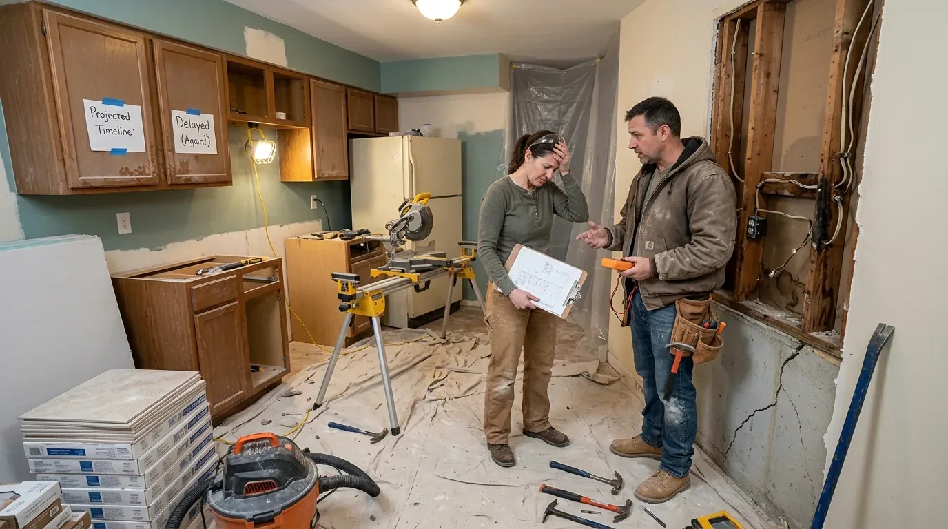 Two people discuss a kitchen renovation in progress with tools and materials scattered around