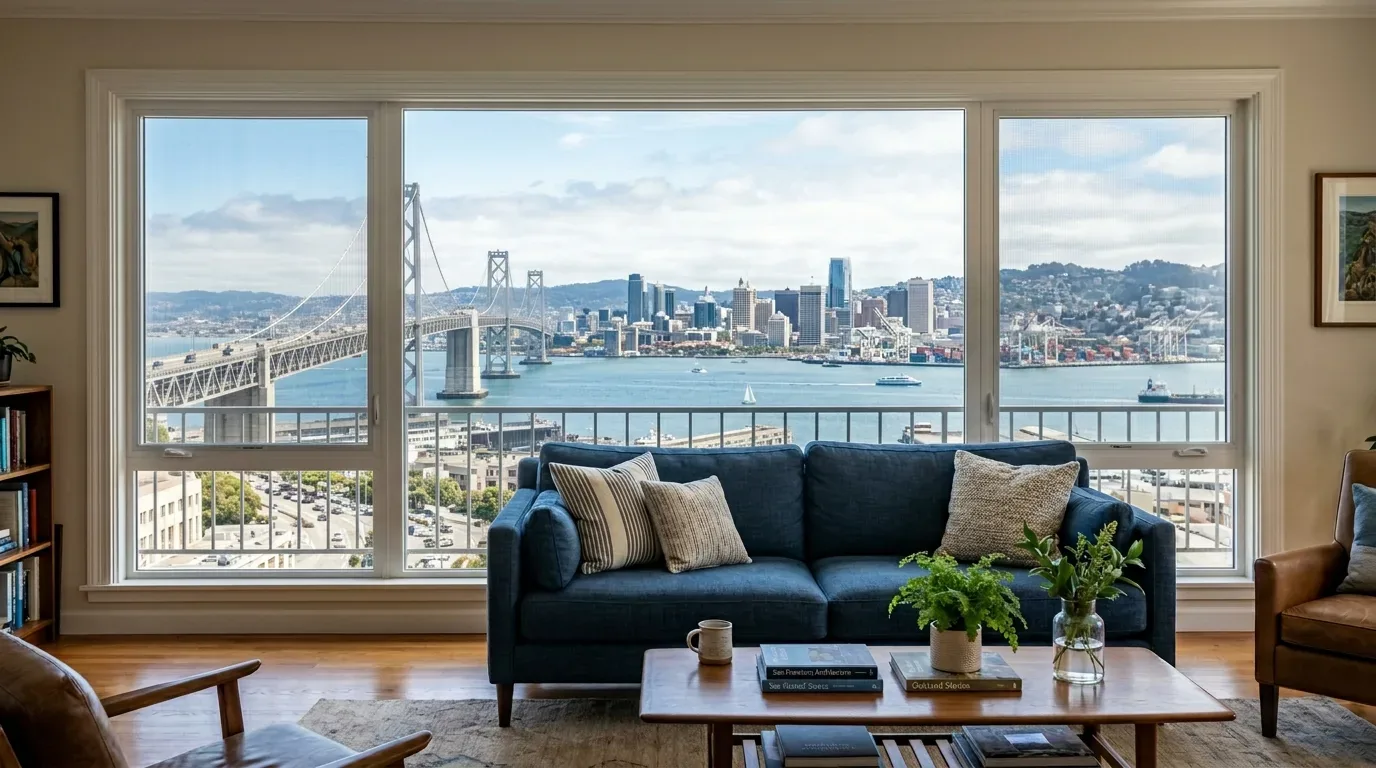 A modern living room with a blue sofa and coffee table, featuring a large window with a view of the San Francisco Bay Bridge and city skyline