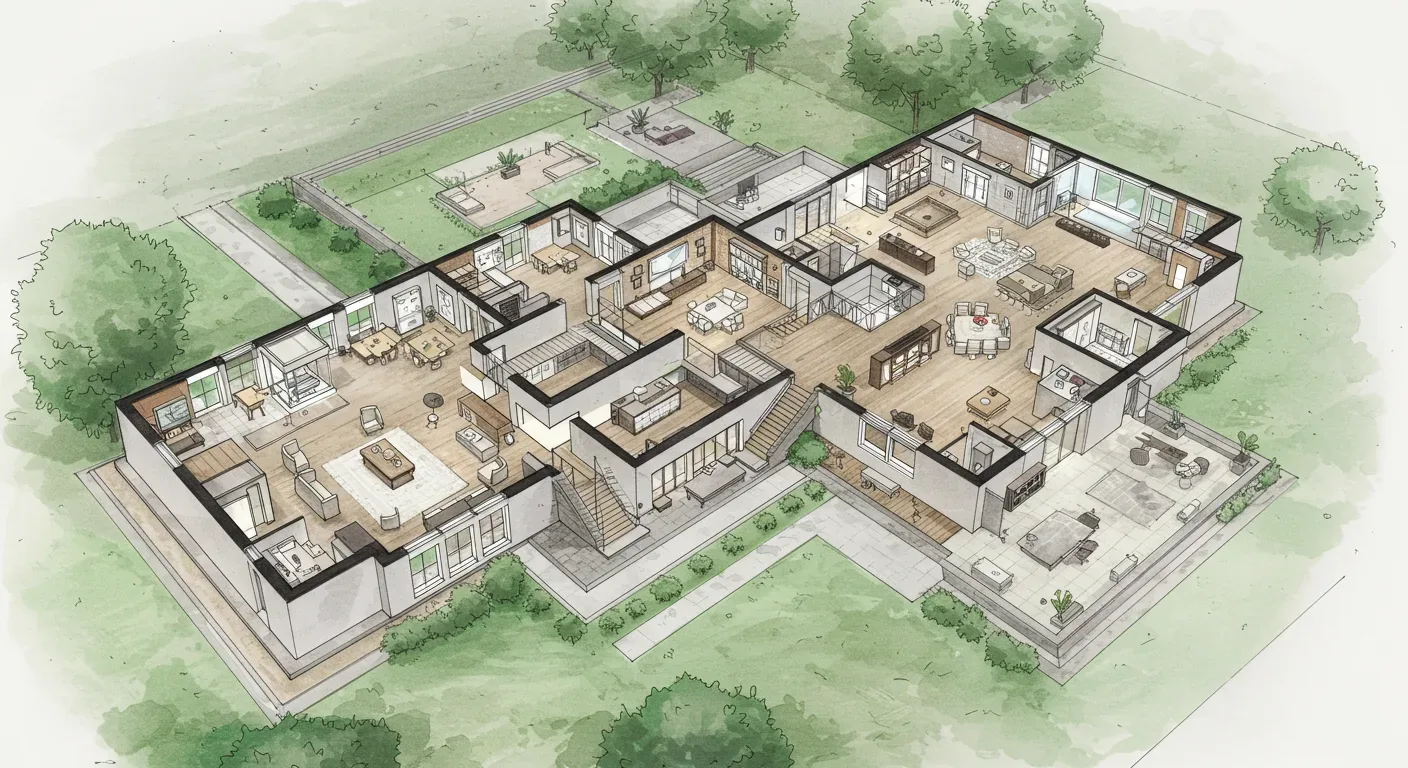 A detailed watercolor-style floor plan of a modern single-story house with multiple rooms and outdoor spaces