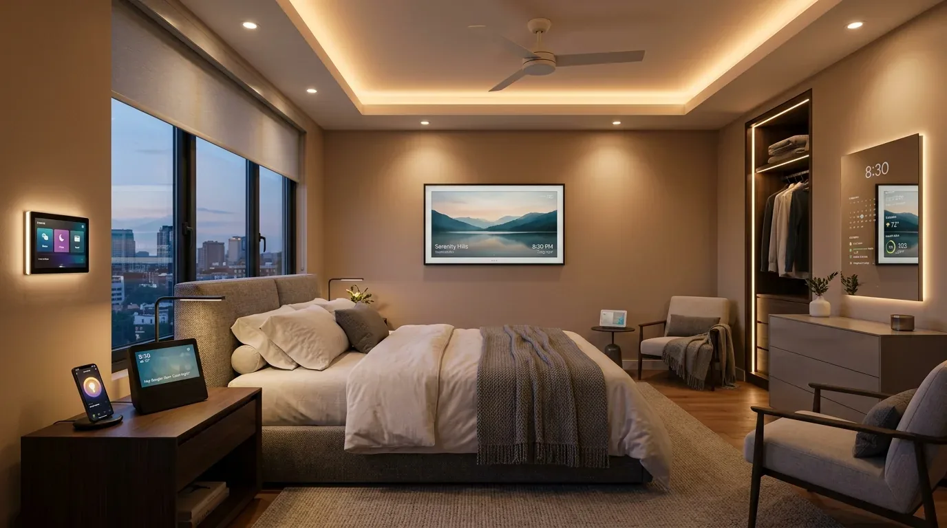 A modern bedroom with smart home devices, ambient lighting, and a large window overlooking a cityscape at dusk