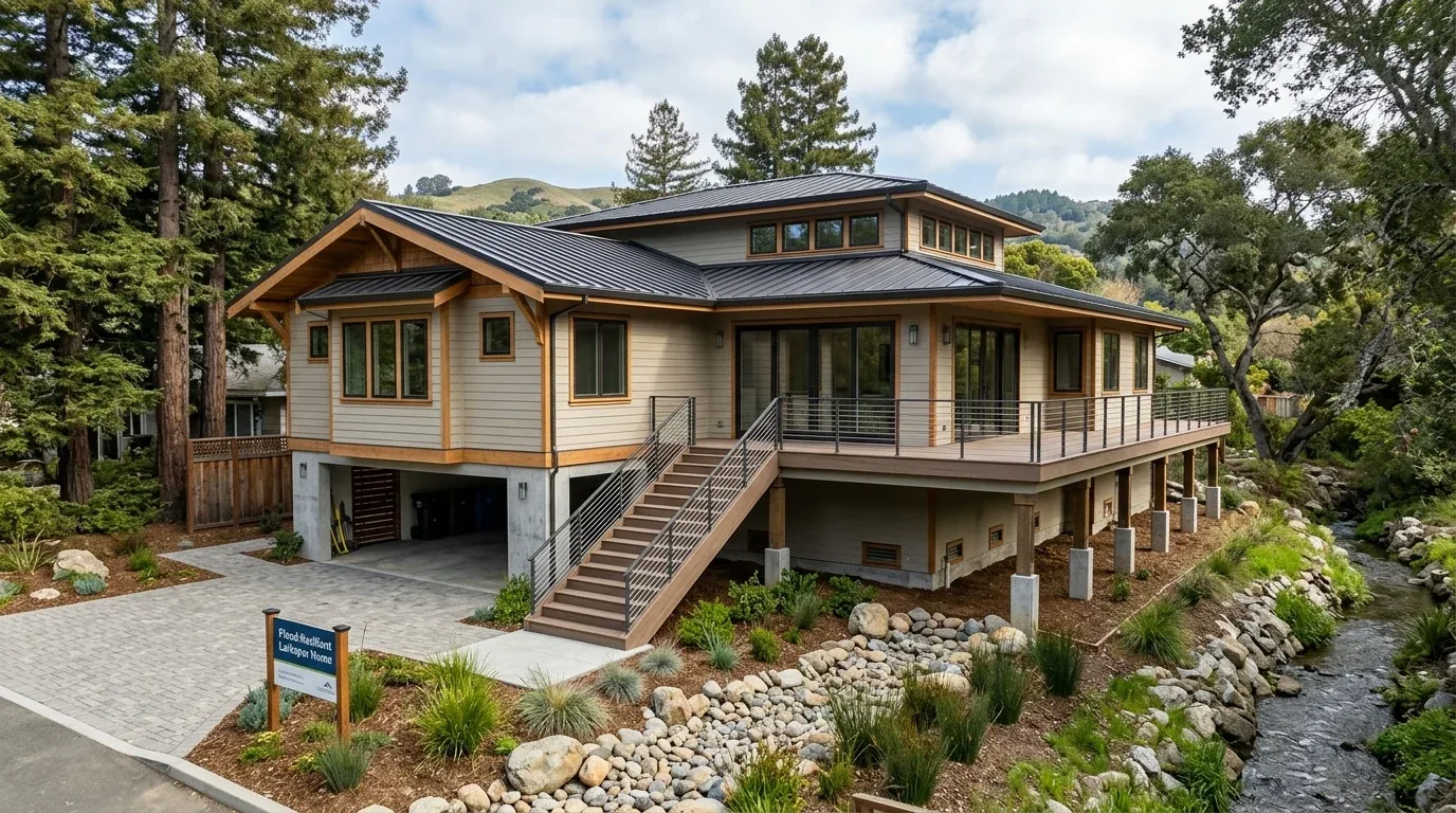 A modern elevated house with a metal roof, surrounded by trees and a rocky stream, featuring a staircase leading to a wraparound deck