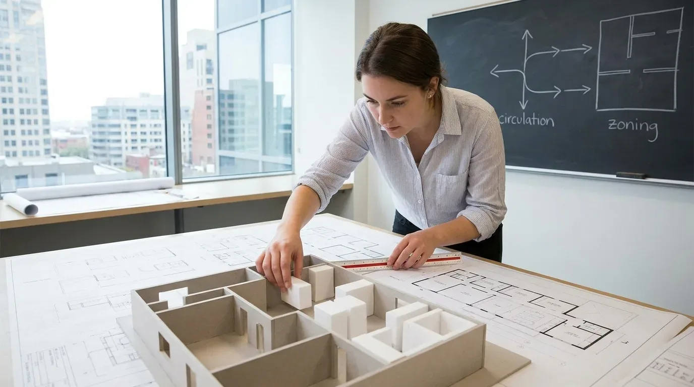 A woman working on an architectural model and floor plans in a modern office with large windows and a chalkboard