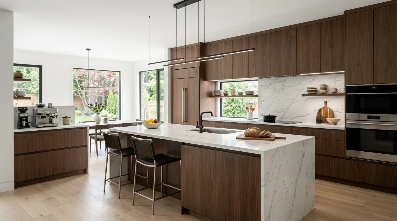 A modern kitchen with wood cabinetry, a large marble island, and large windows overlooking a garden