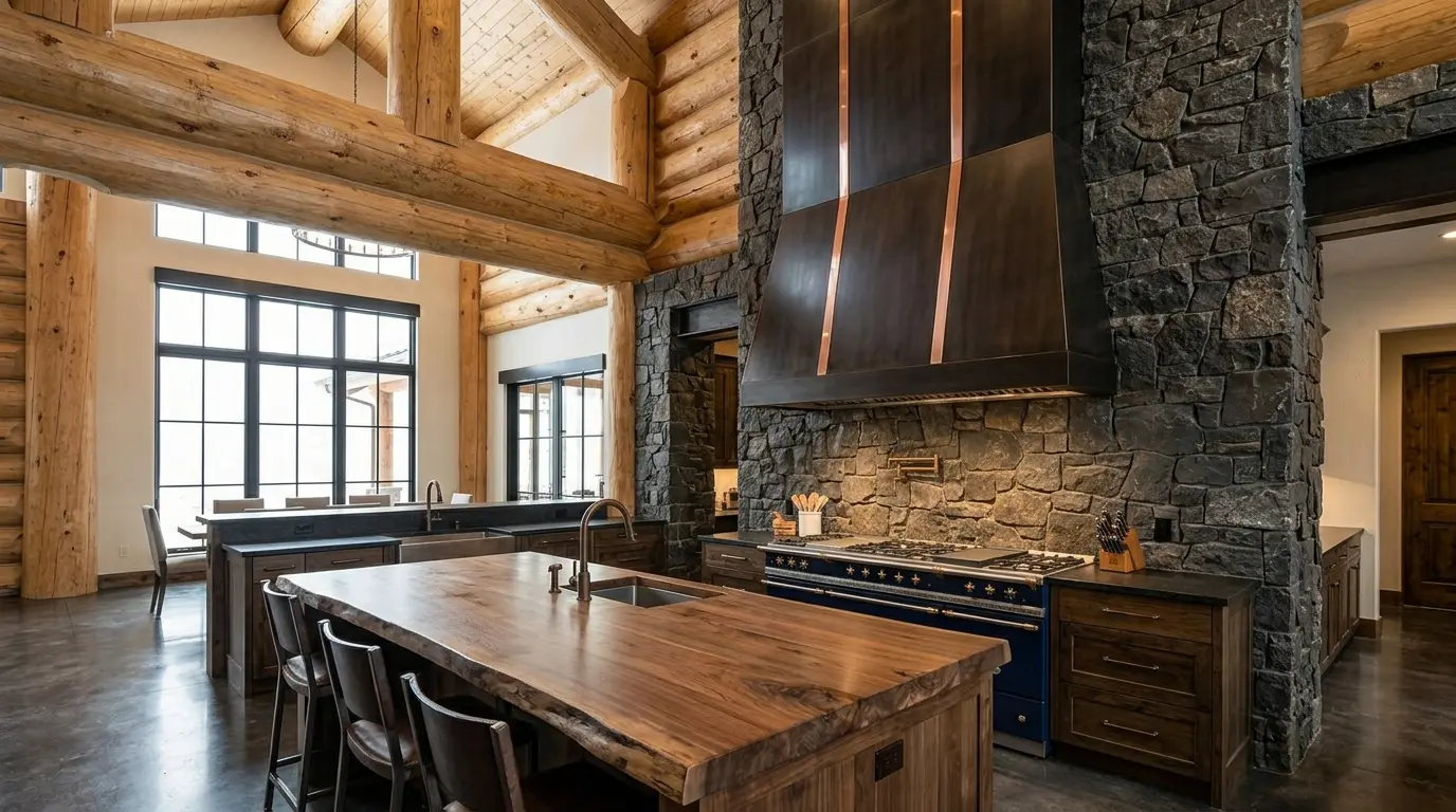 A spacious kitchen with large wooden beams, a stone wall with a large stove hood, and a wooden island with bar stools