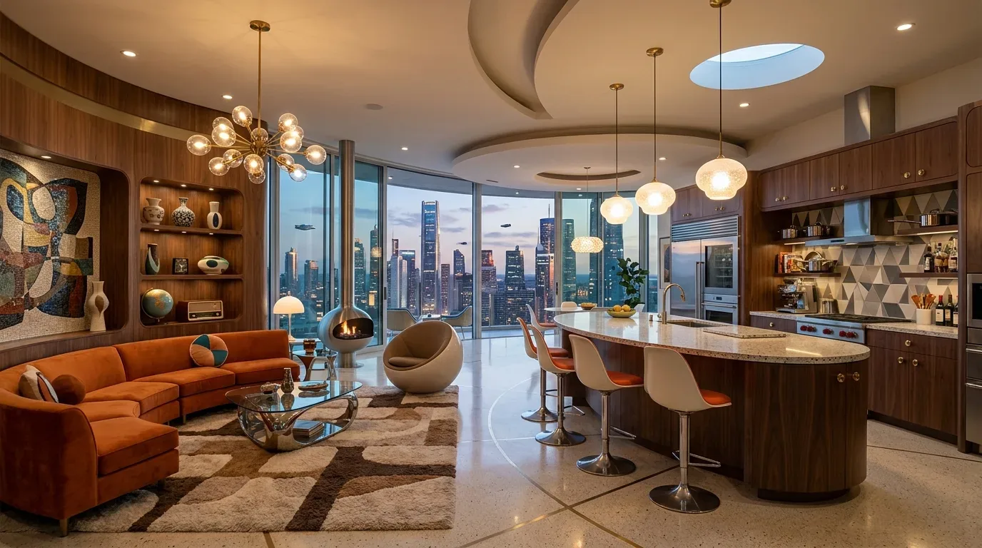 A modern open-concept living room and kitchen with a city skyline view through floor-to-ceiling windows