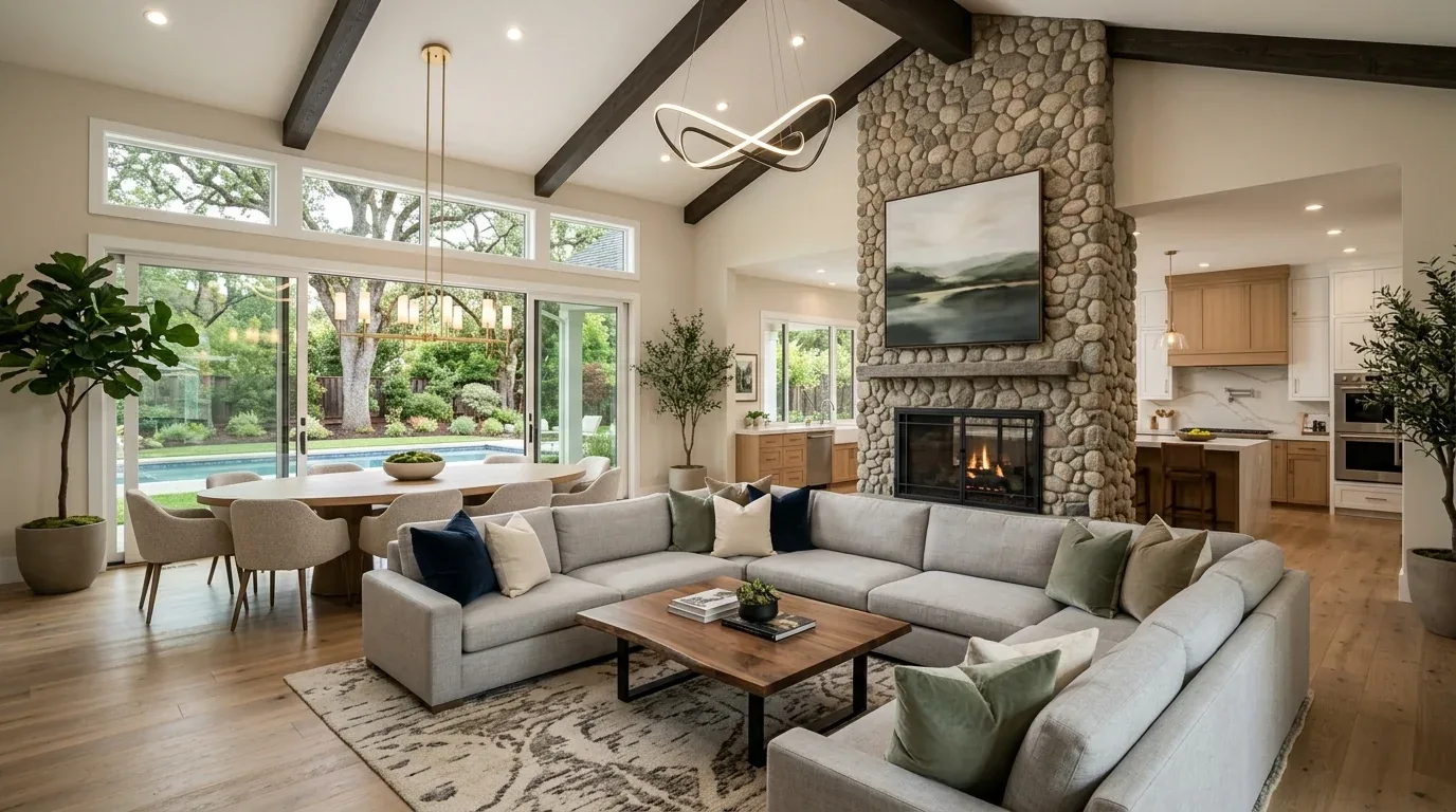 A bright living room with two green sofas, two brown armchairs, a chandelier, and large windows overlooking a garden