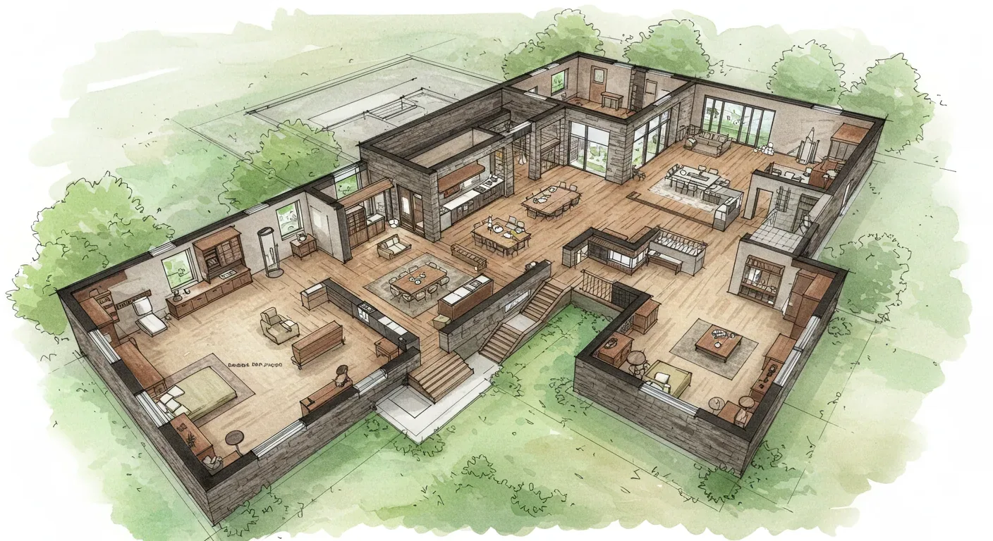 A detailed watercolor floor plan of a modern single-story house with multiple rooms including living, dining, kitchen, and bedrooms
