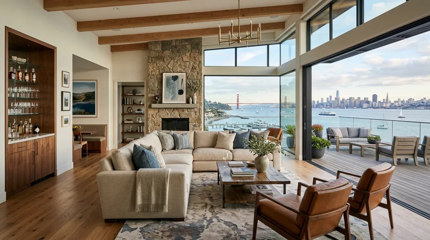 A modern living room with a large beige sectional sofa, leather chairs, a stone fireplace, wooden beams, and a view of the San Francisco skyline and Golden Gate Bridge through large glass doors opening to a deck