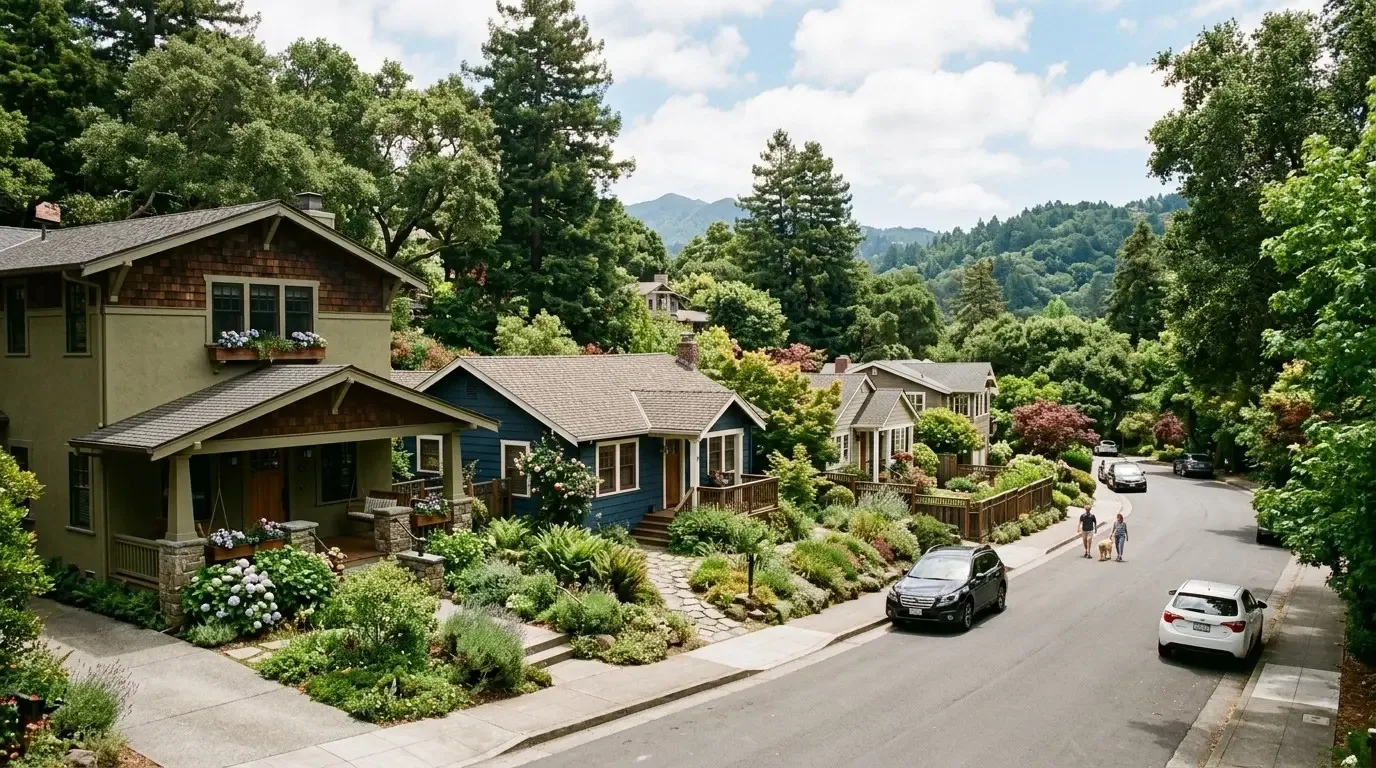 A quiet residential street lined with craftsman-style houses surrounded by lush greenery and gardens