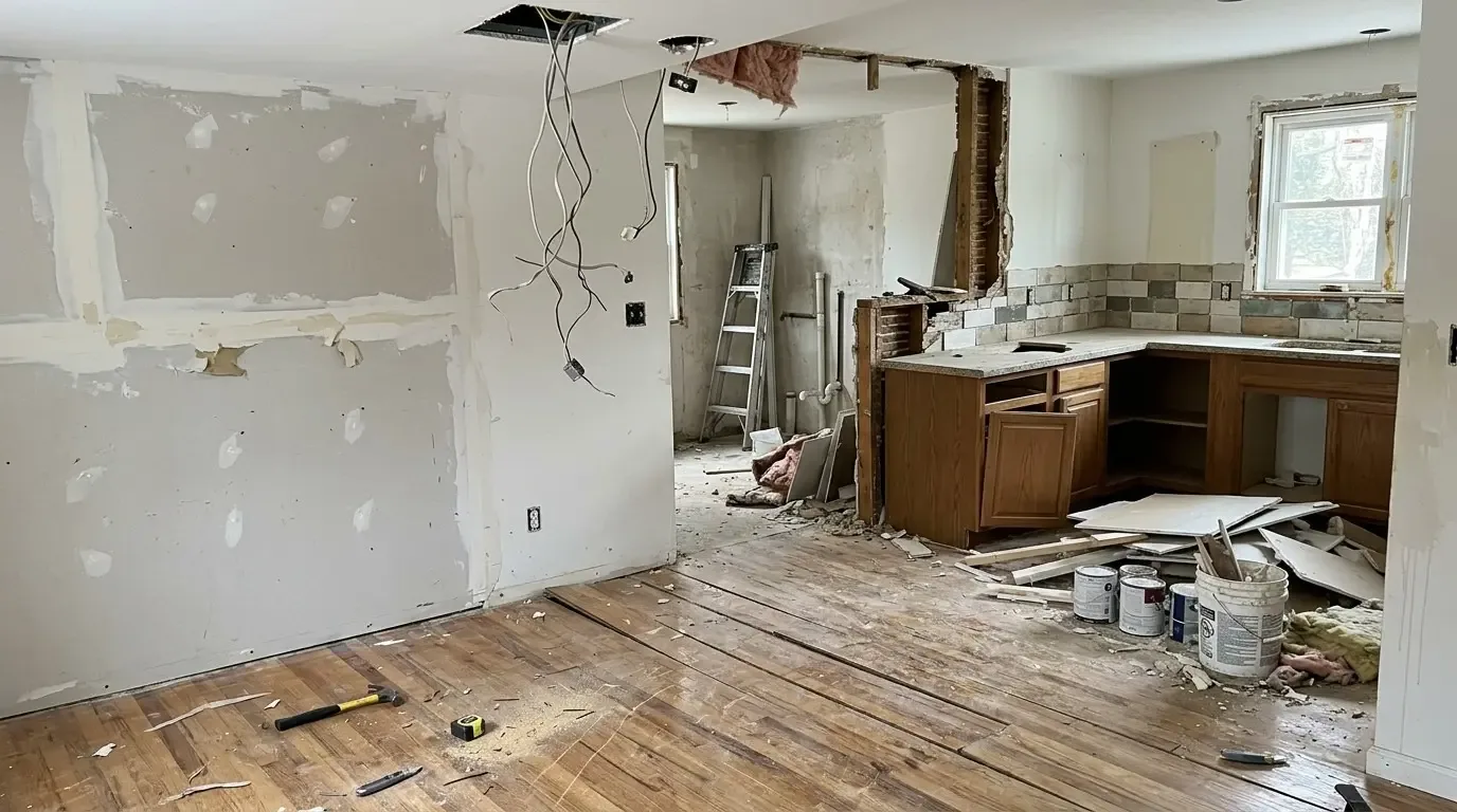 A kitchen under renovation with exposed drywall, scattered construction materials, and partially installed cabinets and backsplash