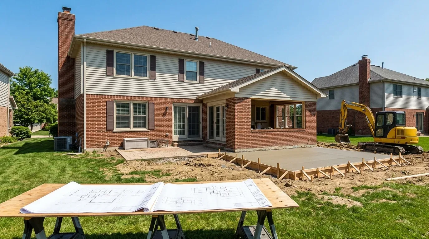 Backyard of a two-story brick and siding house with construction plans on a table and a concrete slab being poured next to the house