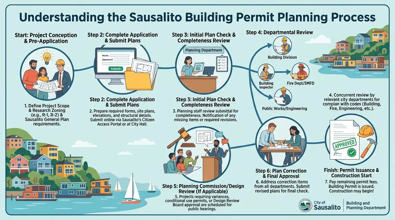 An illustrated infographic explaining the step-by-step building permit planning process in Sausalito with text and icons