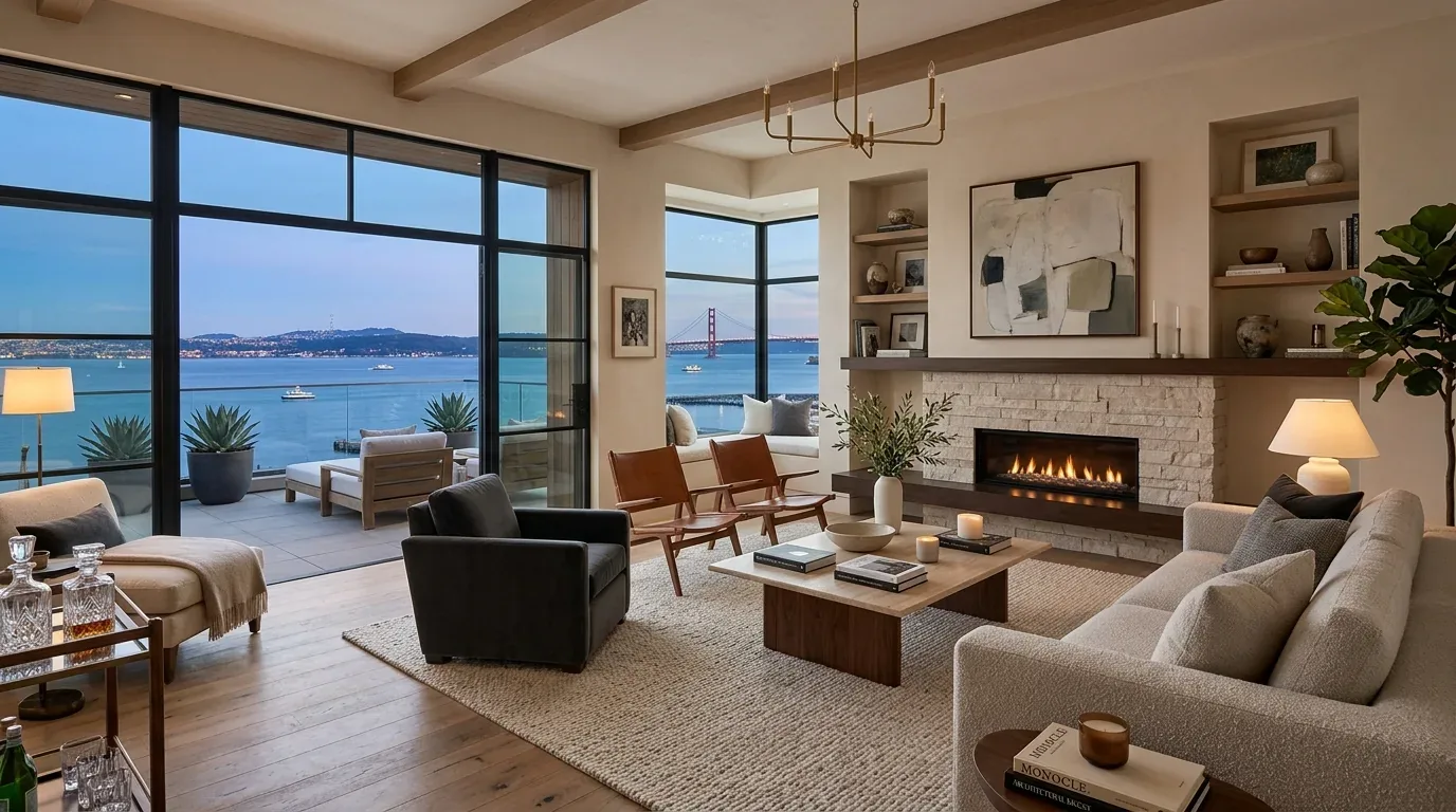 A modern living room with large windows overlooking a waterfront and a bridge, featuring a fireplace, neutral-toned furniture, and minimalist decor