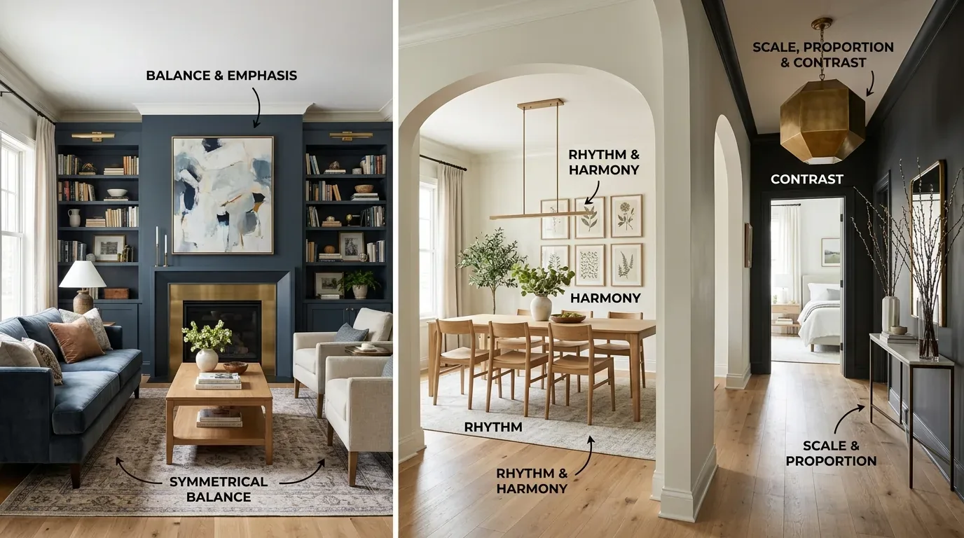 A collage of three interior spaces showcasing design principles like balance, rhythm, harmony, scale, proportion, and contrast in a living room, dining room, and hallway