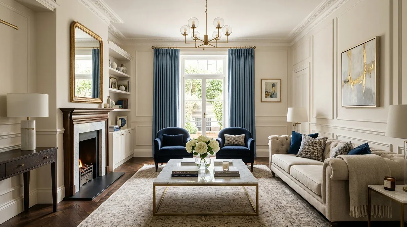A sophisticated living room with a beige tufted sofa, two blue armchairs, a marble coffee table, a fireplace, and blue curtains