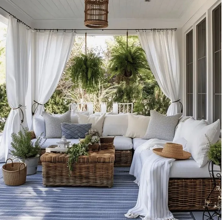 A cozy outdoor seating area with white curtains, wicker furniture, hanging plants, and a blue striped rug