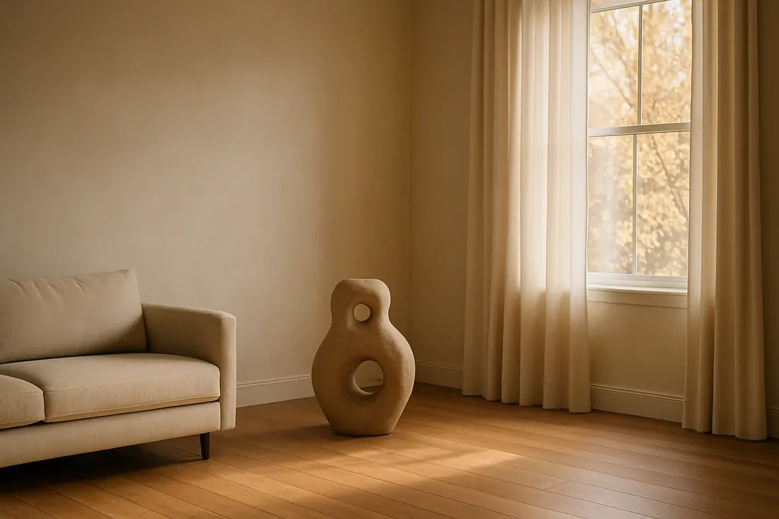 A minimalist living room with a beige sofa, sculptural decor piece, wooden floor, and sheer curtains on a window