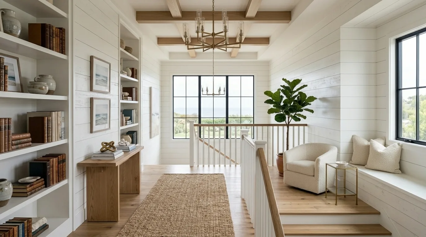 An upstairs landing lined in whitewashed shiplap with white built-in bookshelves, a jute runner, brass chandelier