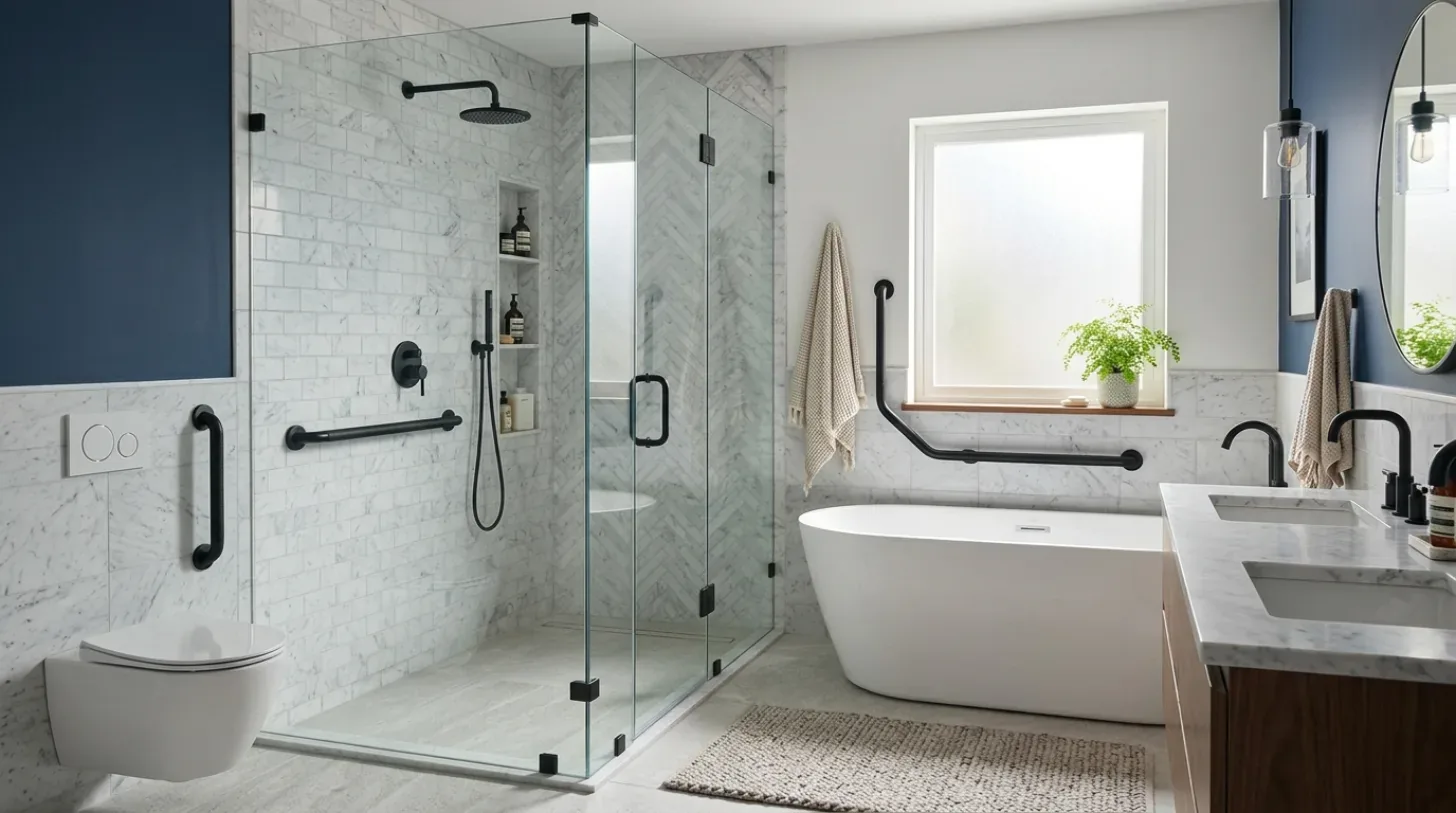 A bathroom featuring a curved glass block shower enclosure, dark marble tiles, a bathtub, and a separate toilet area