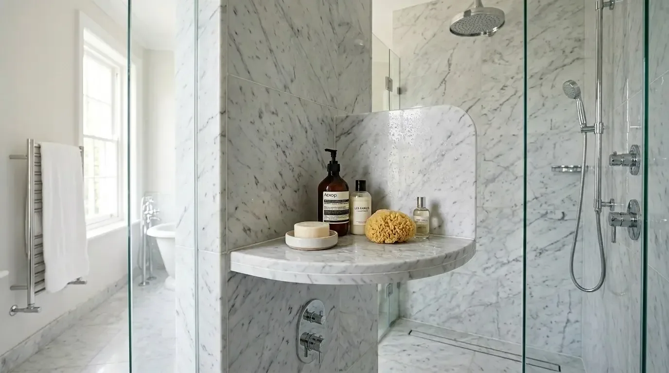 A bathroom with a white vanity, marble countertop, gold-framed glass shower enclosure, and various toiletries